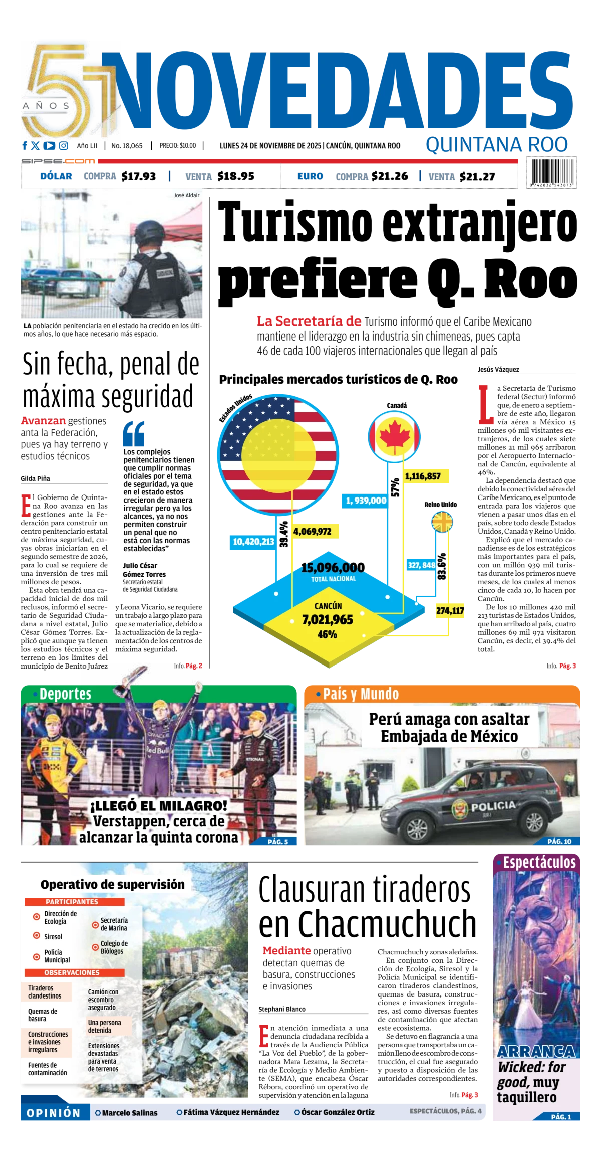Portada de Novedades Quintana Roo del lunes, 24 de noviembre de 2025