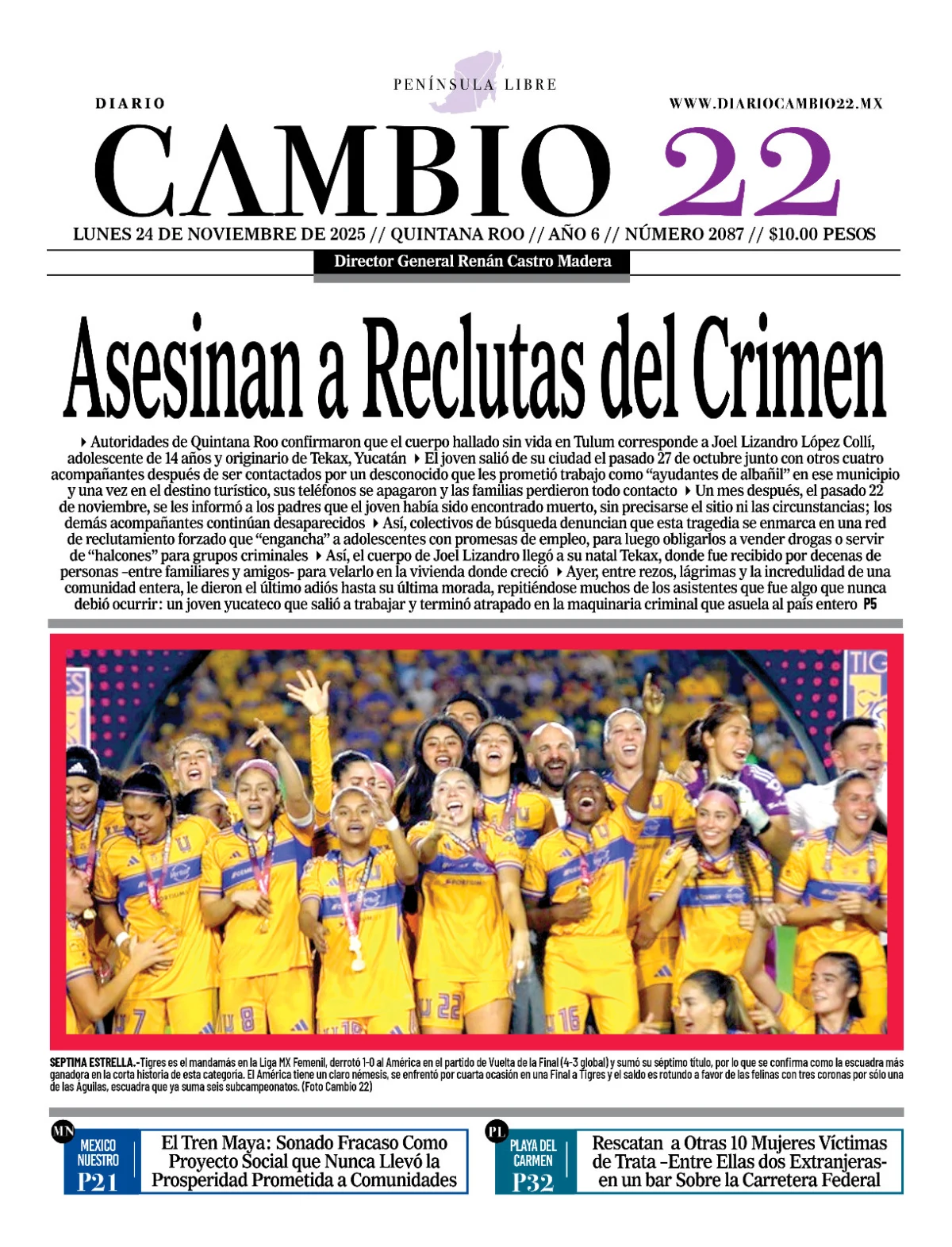 Portada de Diario Cambio 22 (contraportada) del lunes, 24 de noviembre de 2025