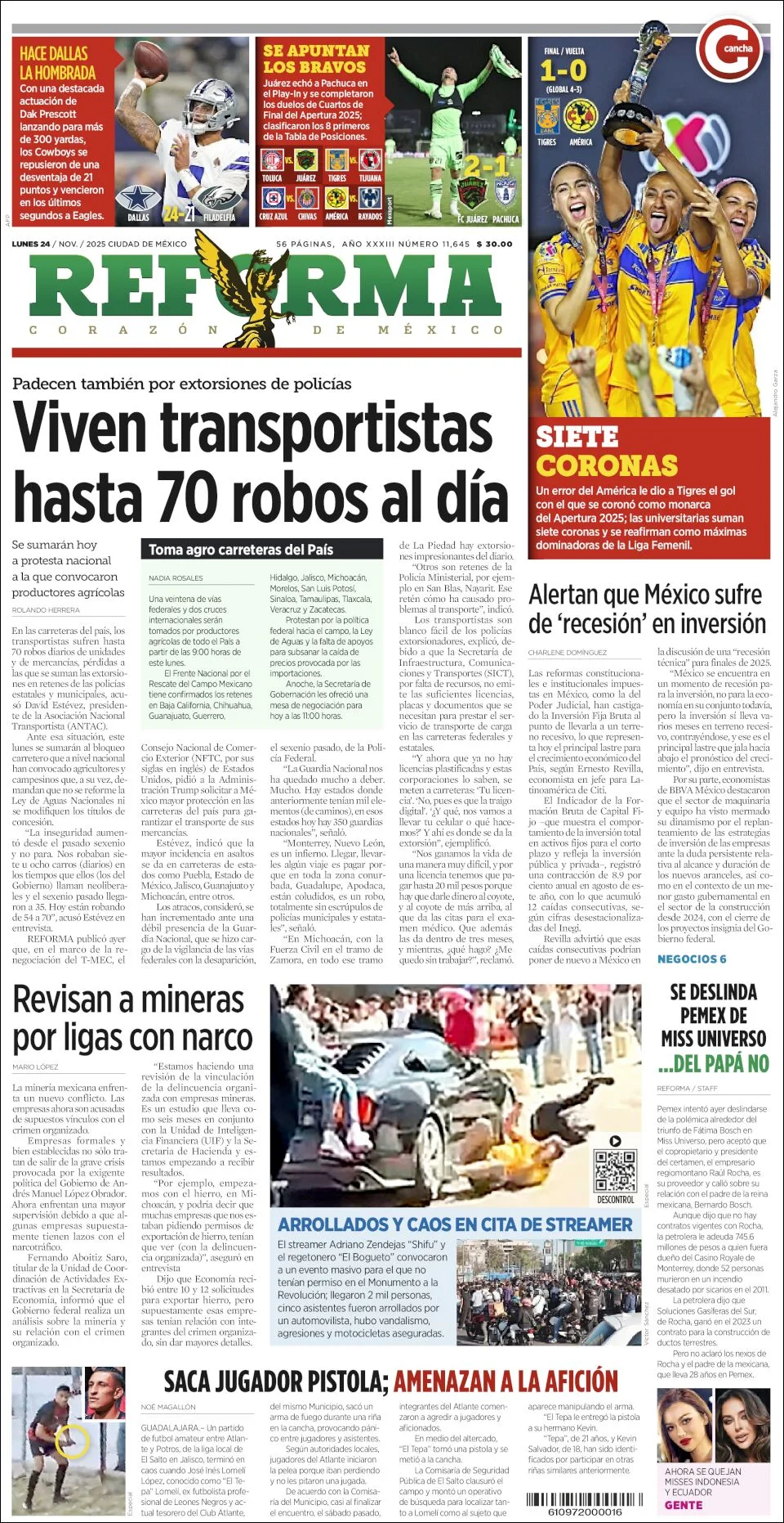 Portada de Reforma del lunes, 24 de noviembre de 2025
