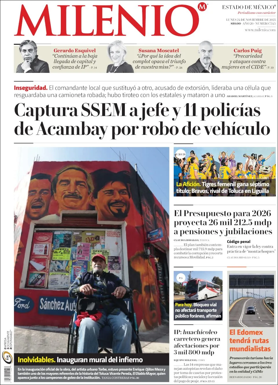 Portada de Milenio Edo de Mexico del lunes, 24 de noviembre de 2025