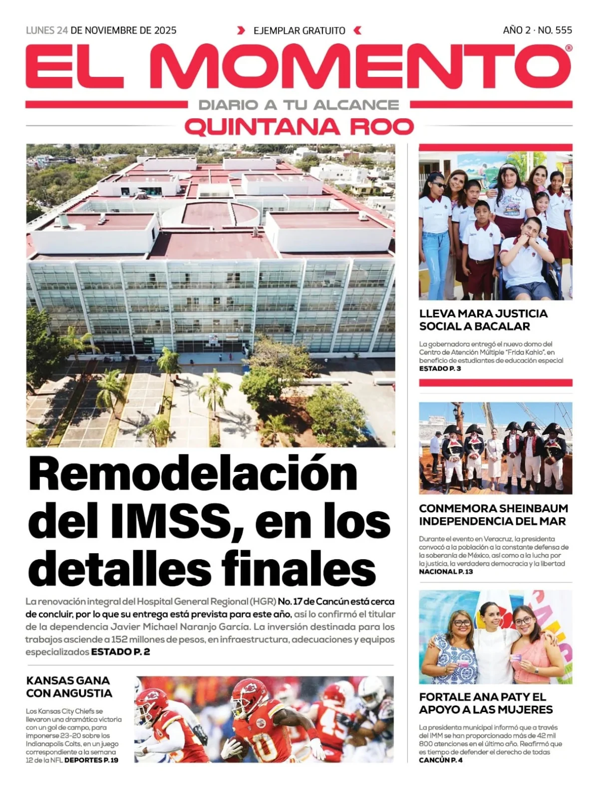 Portada de El Momento Quintana Roo del lunes, 24 de noviembre de 2025