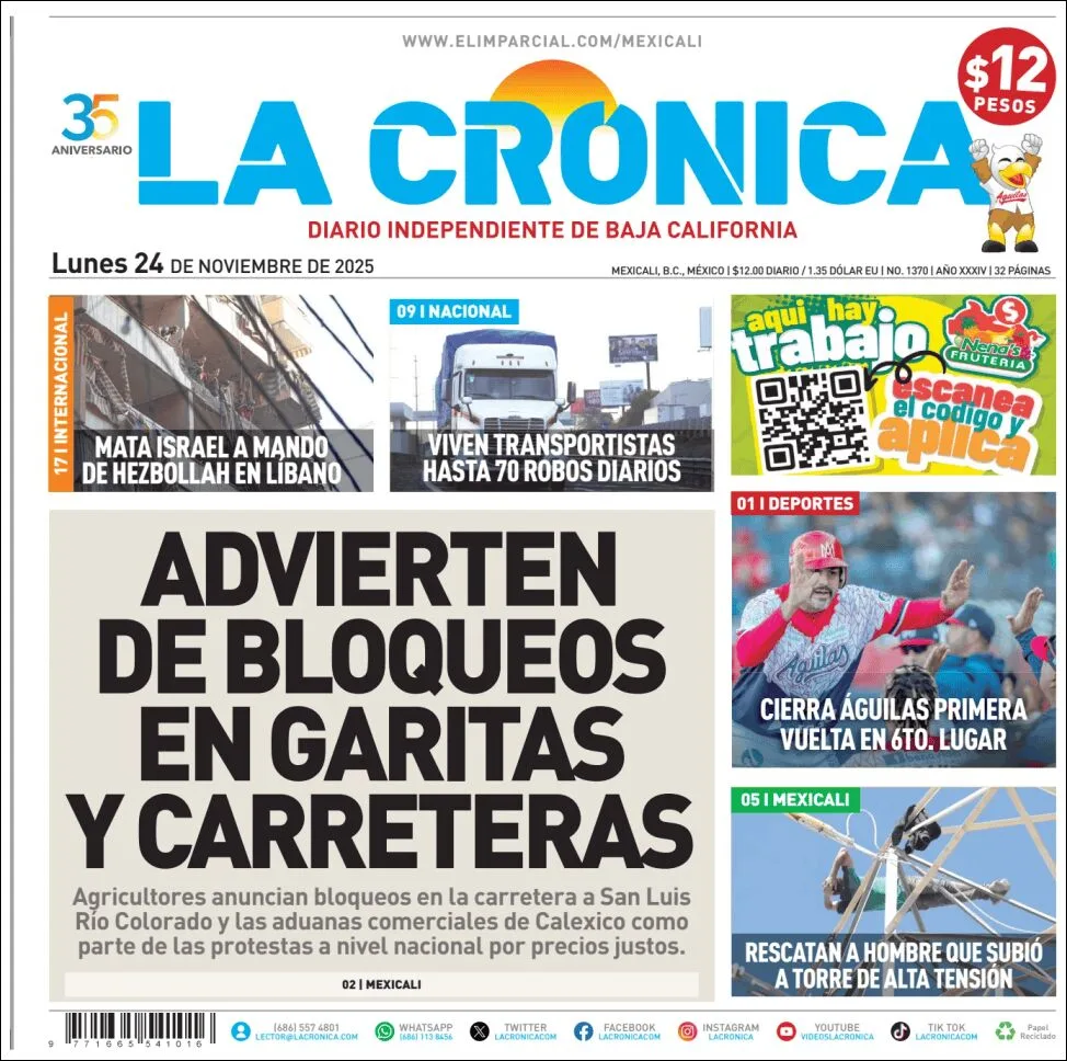 Portada de La Cronica del lunes, 24 de noviembre de 2025