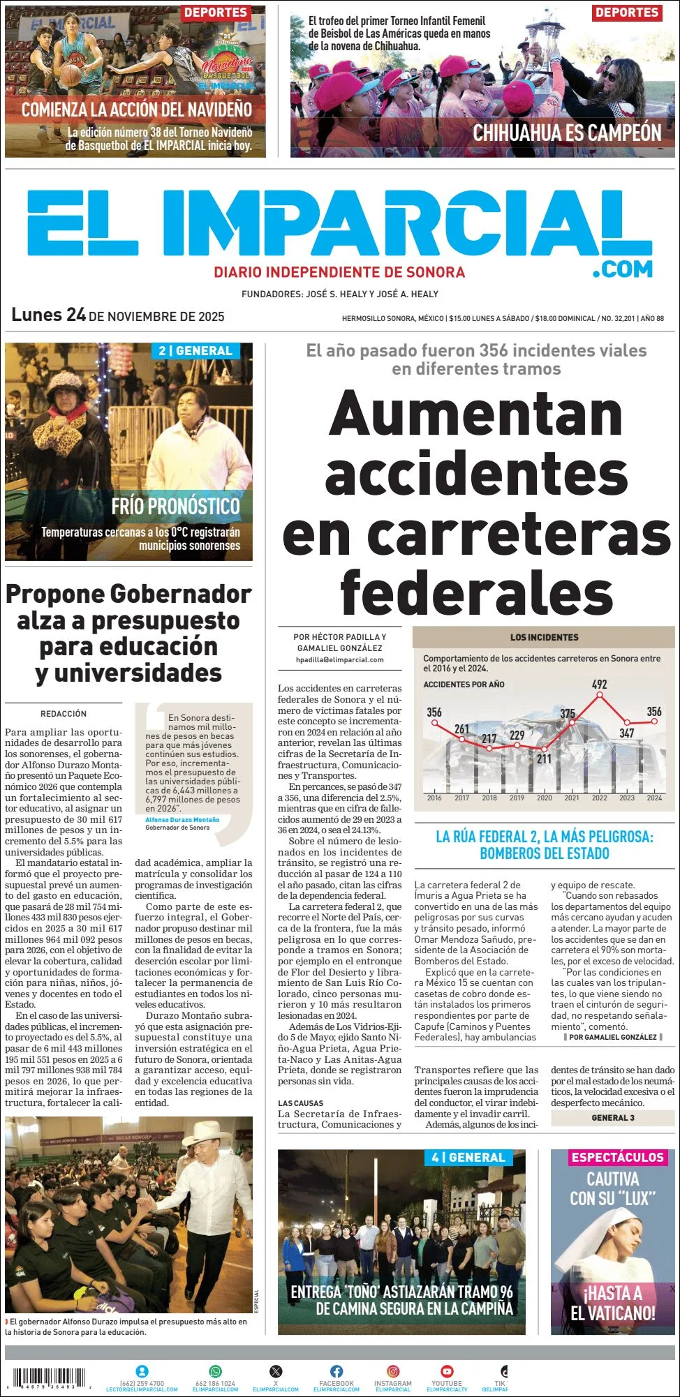 Portada de El Imparcial del lunes, 24 de noviembre de 2025