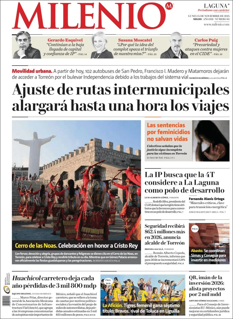 Portada de Milenio Laguna del lunes, 24 de noviembre de 2025