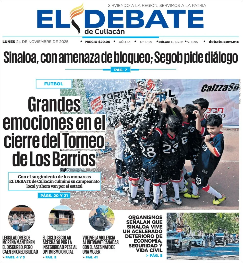 Portada de El Debate de Culiacan del lunes, 24 de noviembre de 2025