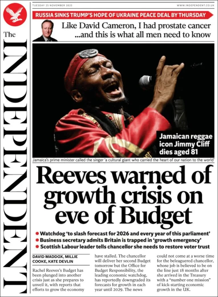 Portada de The Independent del martes, 25 de noviembre de 2025