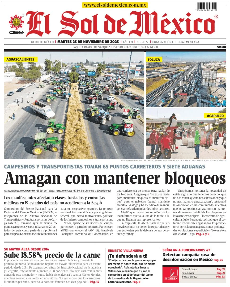 Portada de El Sol de Mexico del martes, 25 de noviembre de 2025