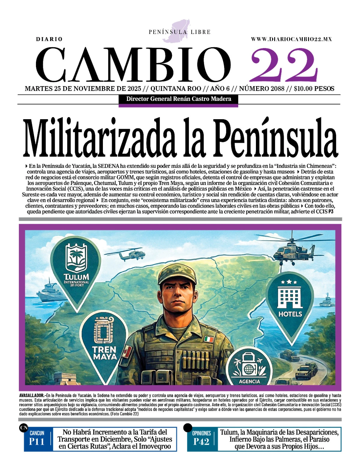 Portada de Diario Cambio 22 (portada) del martes, 25 de noviembre de 2025