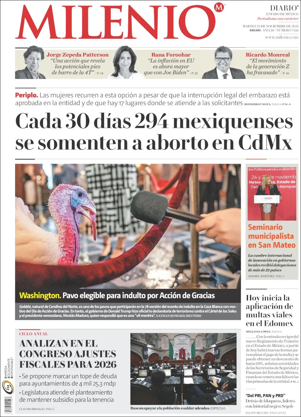 Portada de Milenio Edo de Mexico del martes, 25 de noviembre de 2025