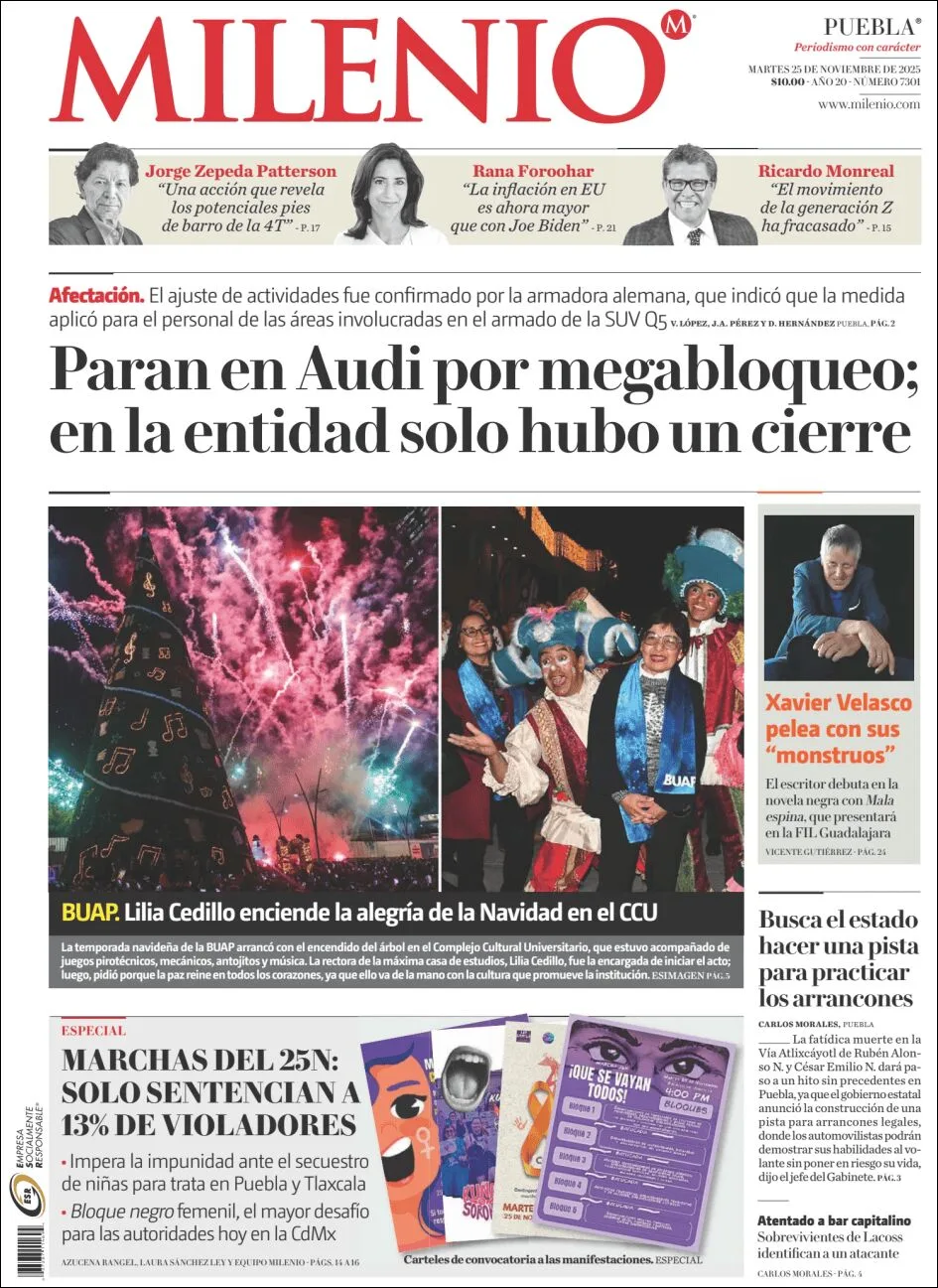 Portada de Milenio Puebla del martes, 25 de noviembre de 2025