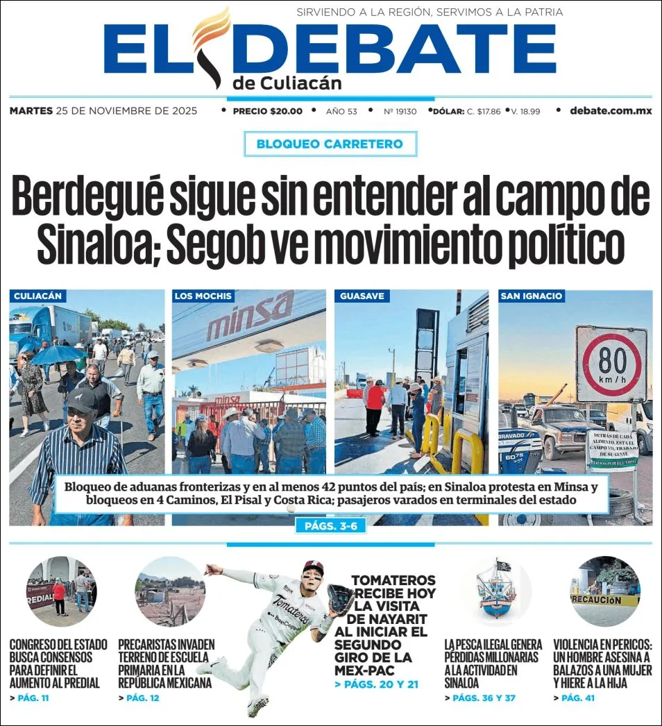 Portada de El Debate de Culiacan del martes, 25 de noviembre de 2025