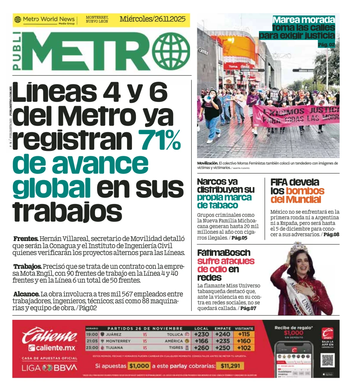 Portada de Publimetro Monterrey del miércoles, 26 de noviembre de 2025