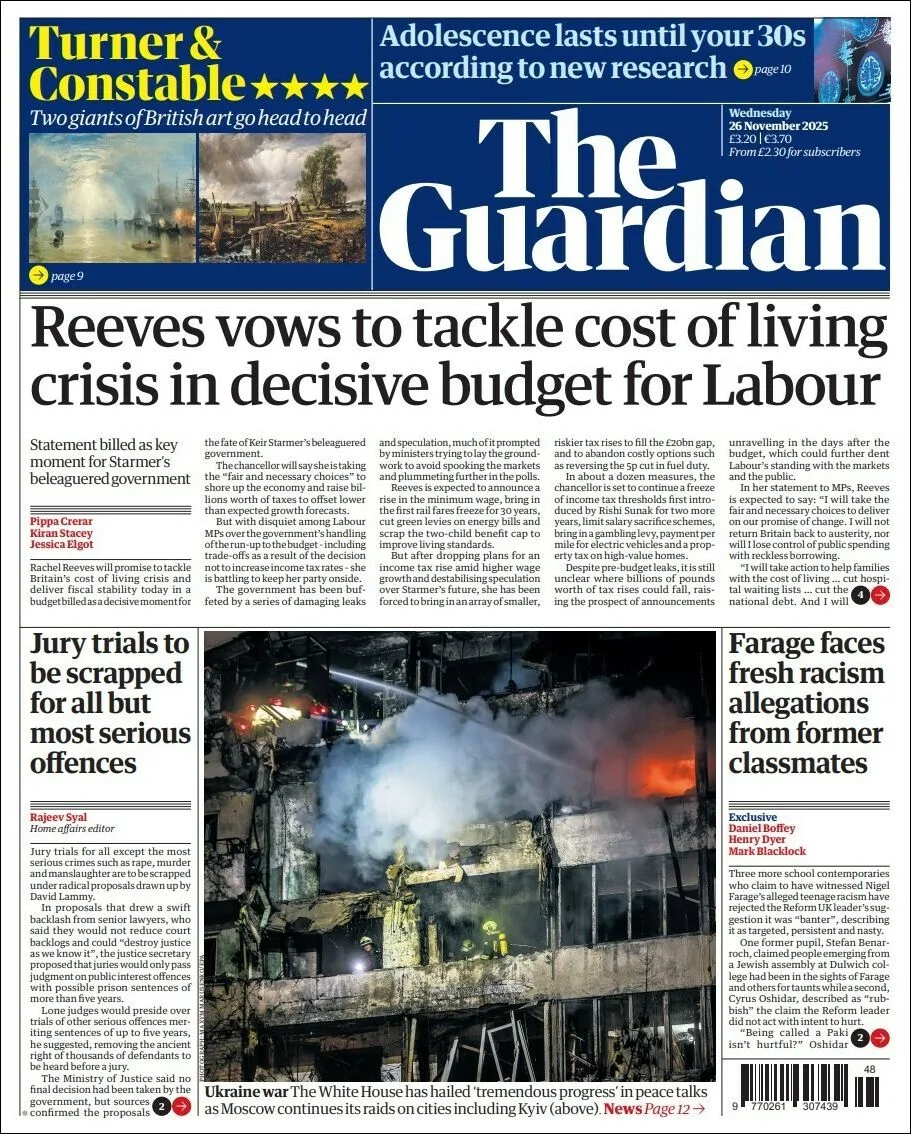 Portada de The Guardian (reino Unido) del miércoles, 26 de noviembre de 2025