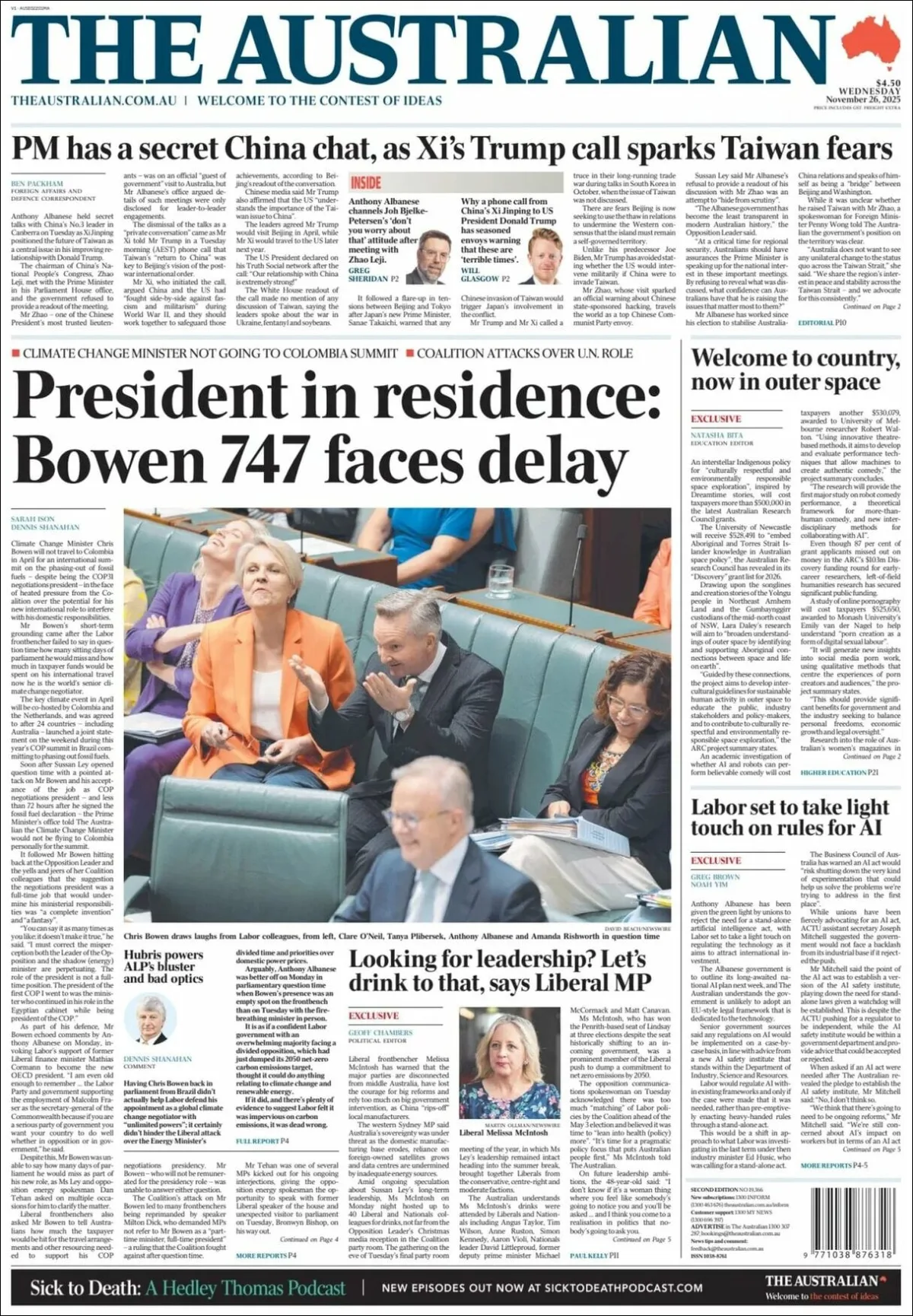 Portada de The Australian del miércoles, 26 de noviembre de 2025