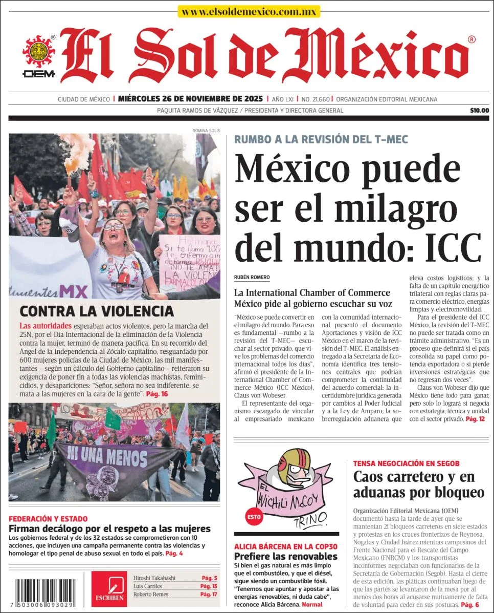Portada de El Sol de Mexico del miércoles, 26 de noviembre de 2025