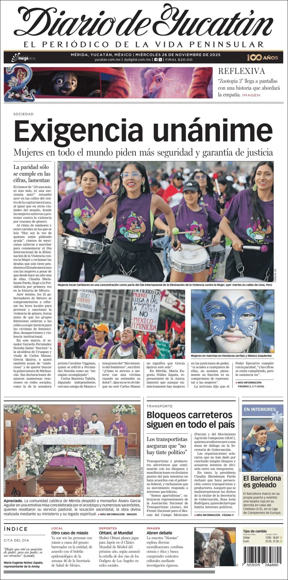 Portada de Diario de Yucatán del miércoles, 26 de noviembre de 2025