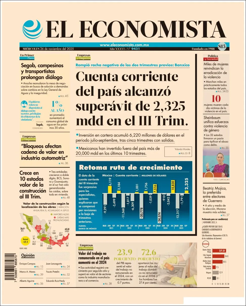 Portada de El Economista del miércoles, 26 de noviembre de 2025