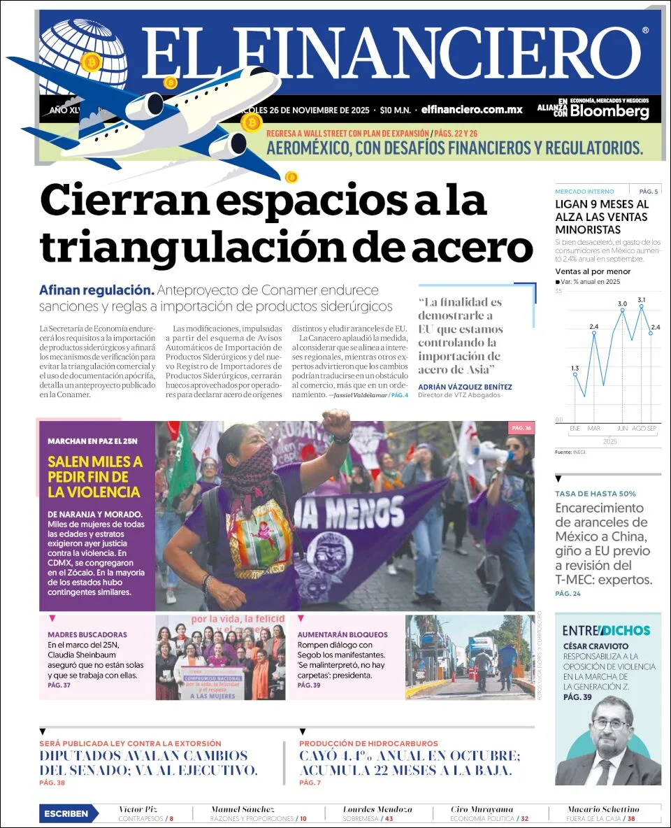 Portada de El Financiero del miércoles, 26 de noviembre de 2025