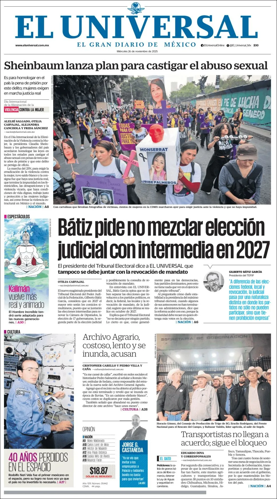 Portada de El Universal del miércoles, 26 de noviembre de 2025