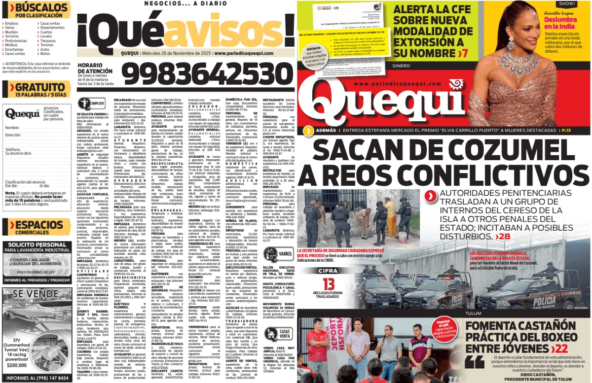 Portada de Quequi (contraportada) del miércoles, 26 de noviembre de 2025