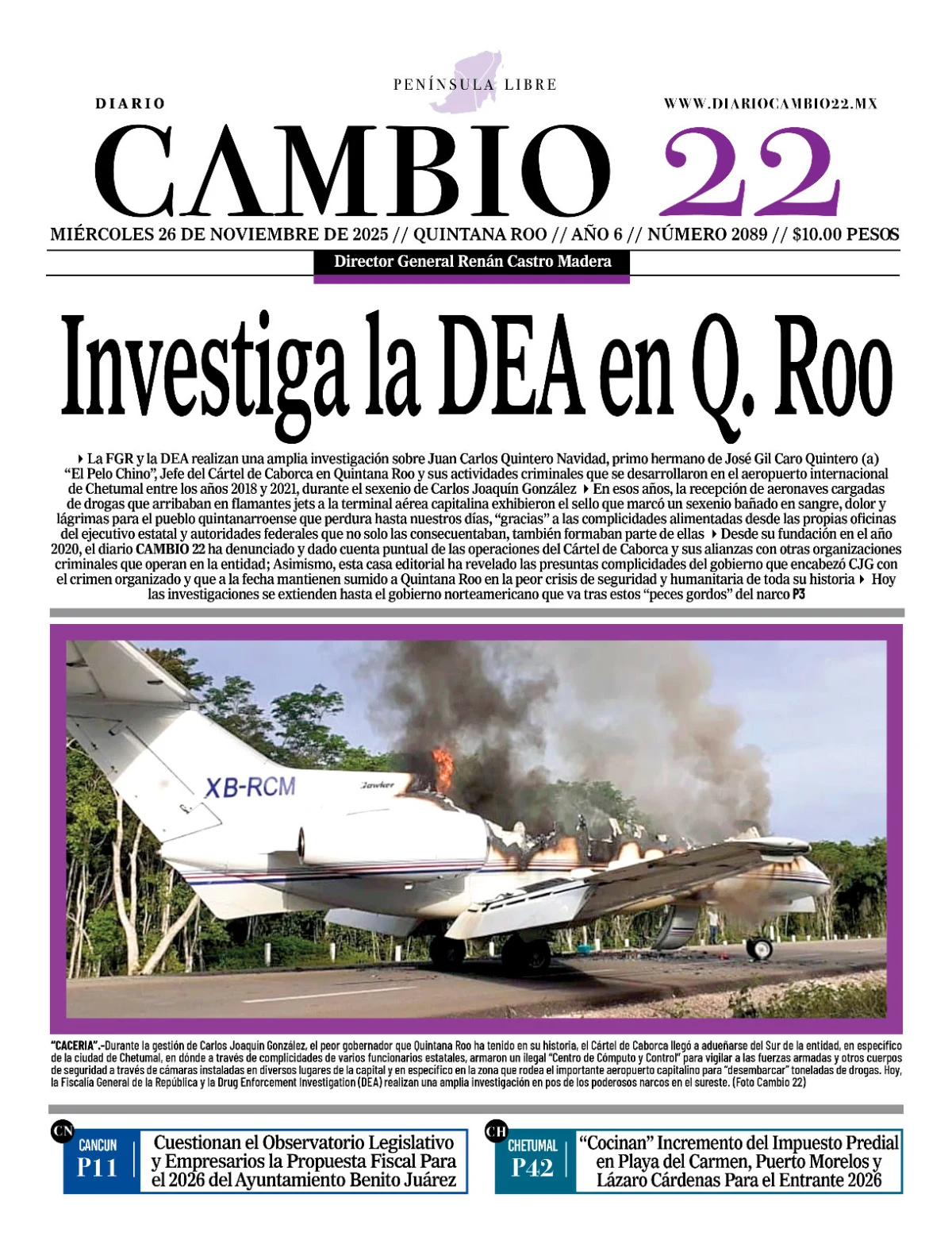 Portada de Diario Cambio 22 (portada) del miércoles, 26 de noviembre de 2025