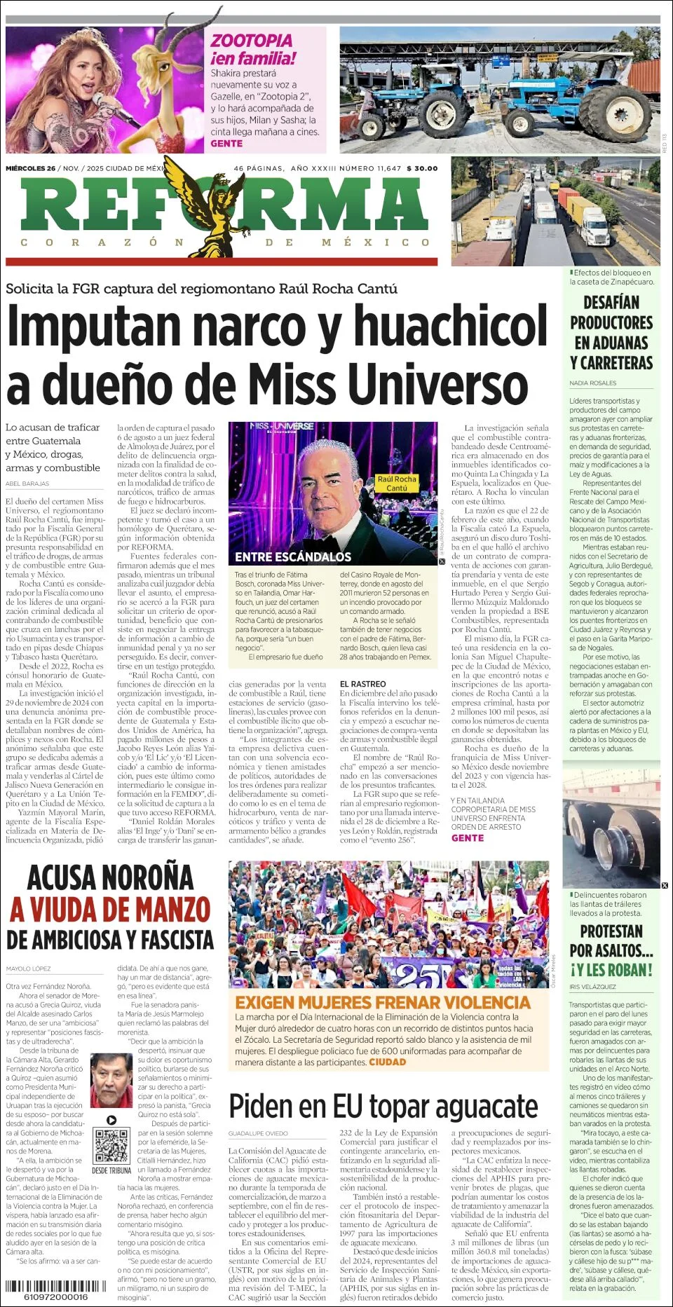 Portada de Reforma del miércoles, 26 de noviembre de 2025