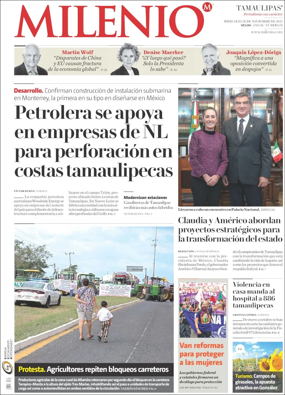 Portada de Milenio Tamaulipas del miércoles, 26 de noviembre de 2025