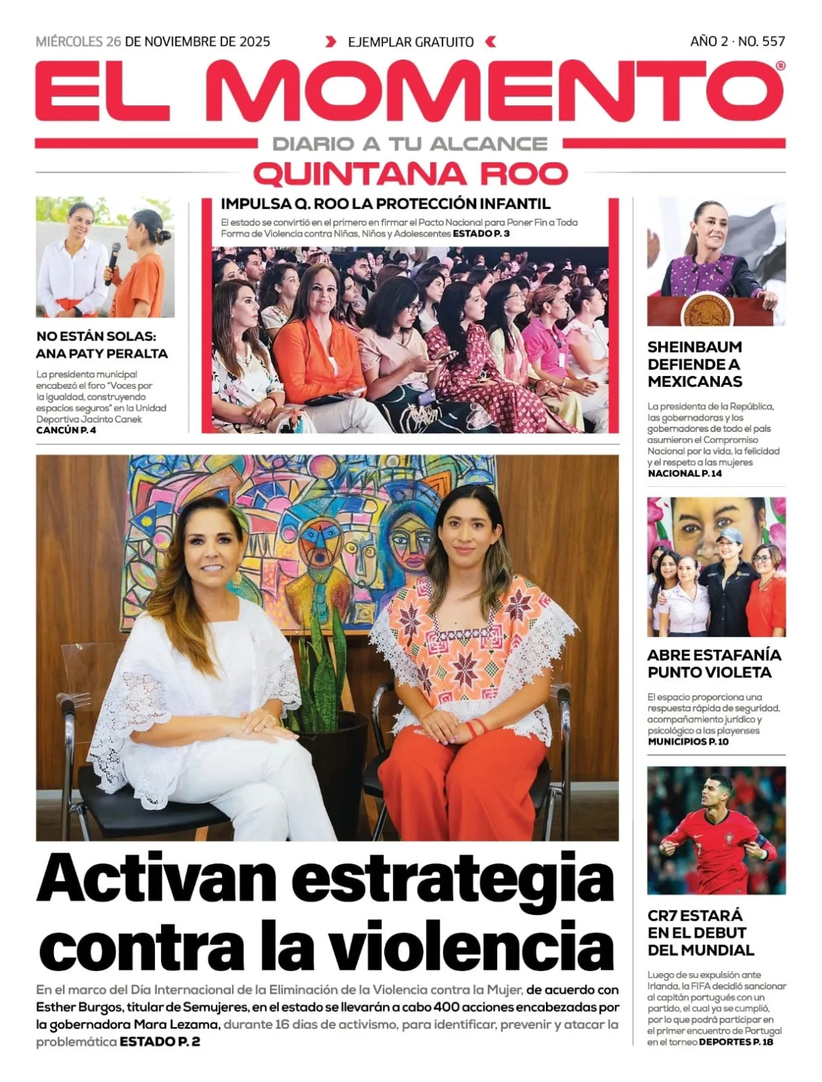 Portada de El Momento Quintana Roo del miércoles, 26 de noviembre de 2025