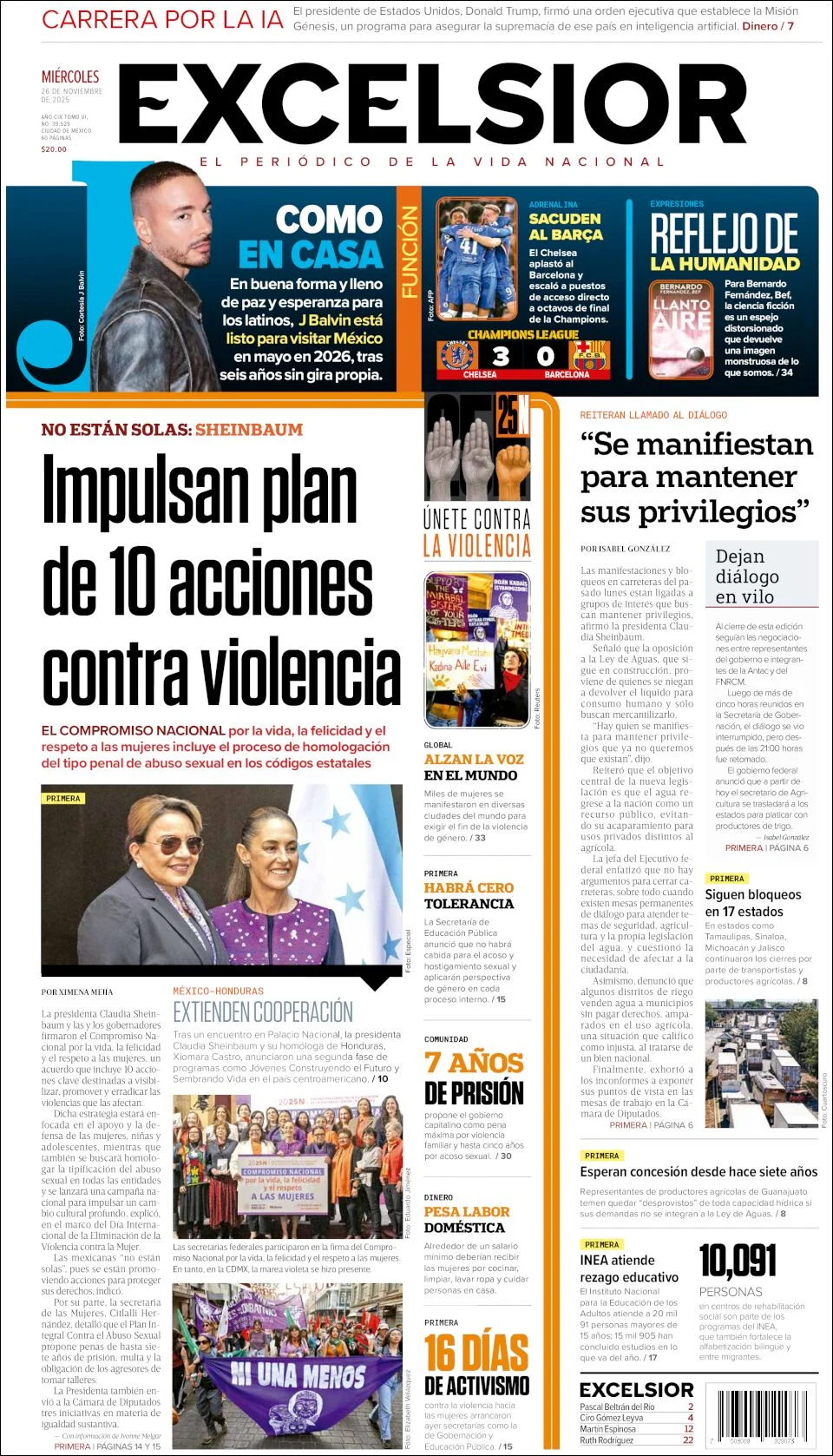 Portada de Excelsior del miércoles, 26 de noviembre de 2025