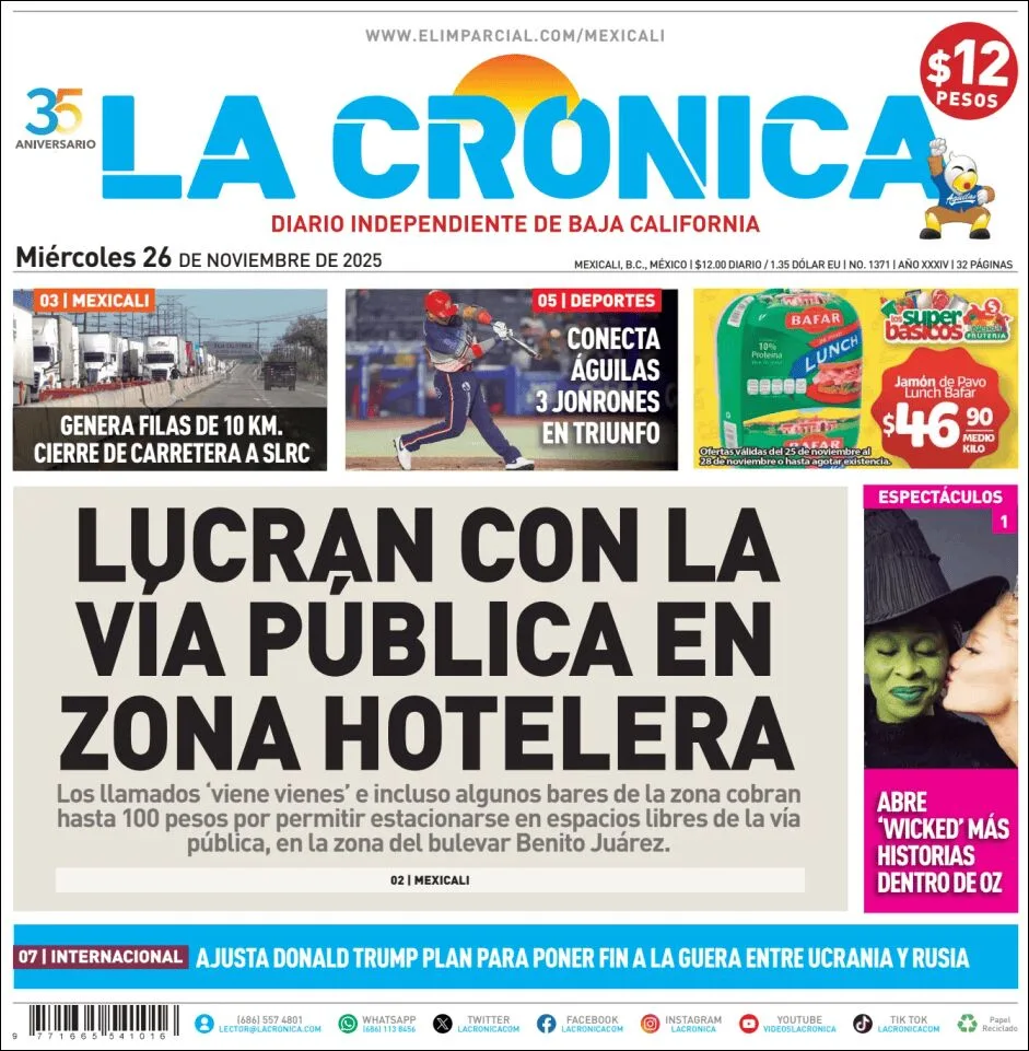 Portada de La Cronica del miércoles, 26 de noviembre de 2025