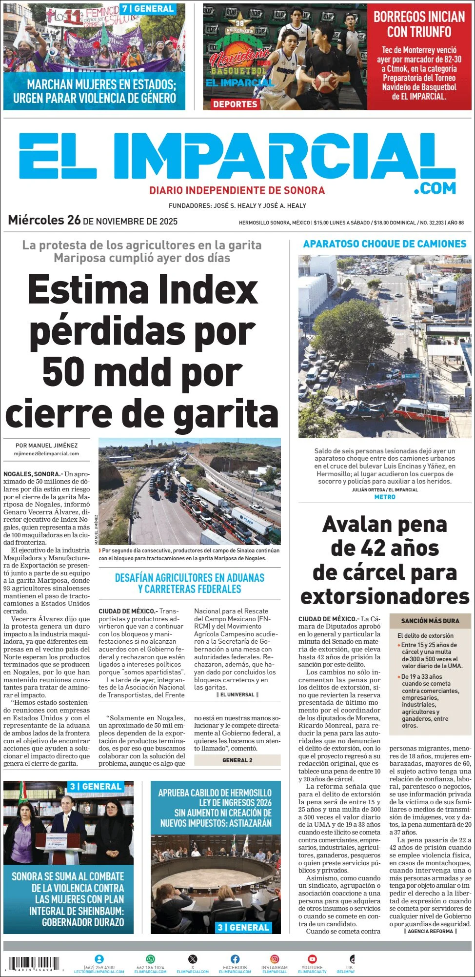 Portada de El Imparcial del miércoles, 26 de noviembre de 2025
