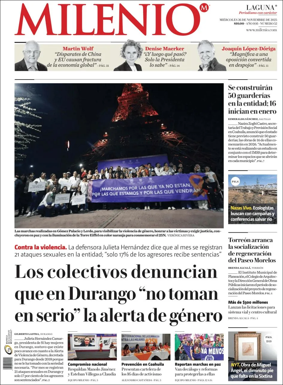 Portada de Milenio Laguna del miércoles, 26 de noviembre de 2025