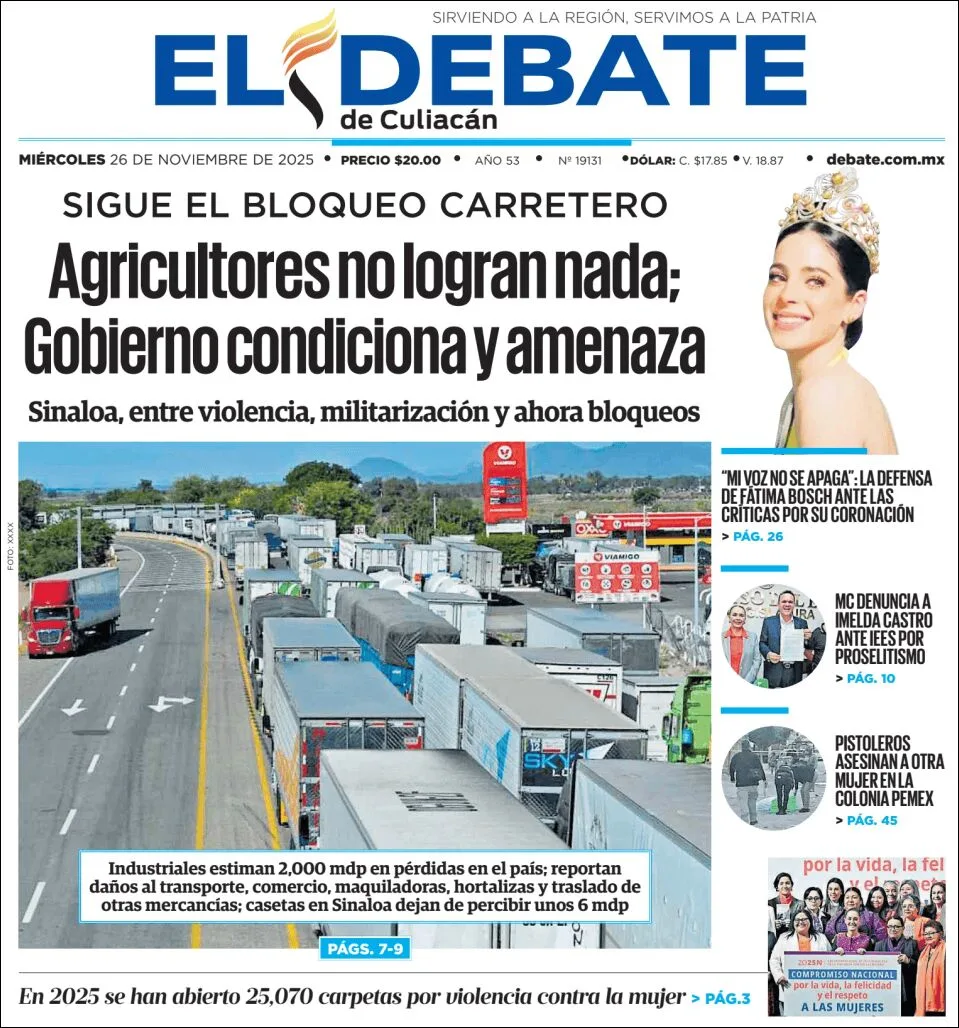 Portada de El Debate de Culiacan del miércoles, 26 de noviembre de 2025
