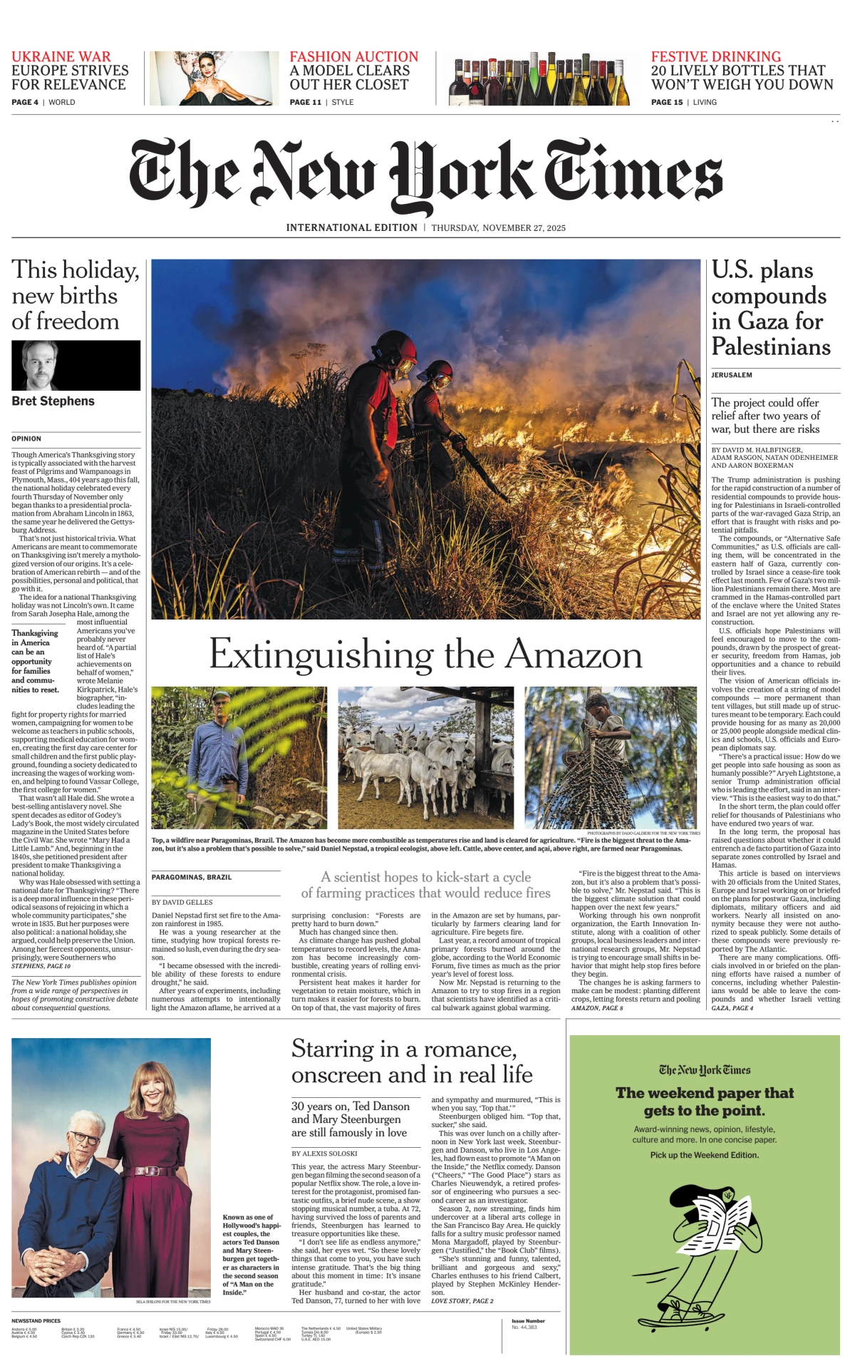 Portada de The New York Times (international) del jueves, 27 de noviembre de 2025