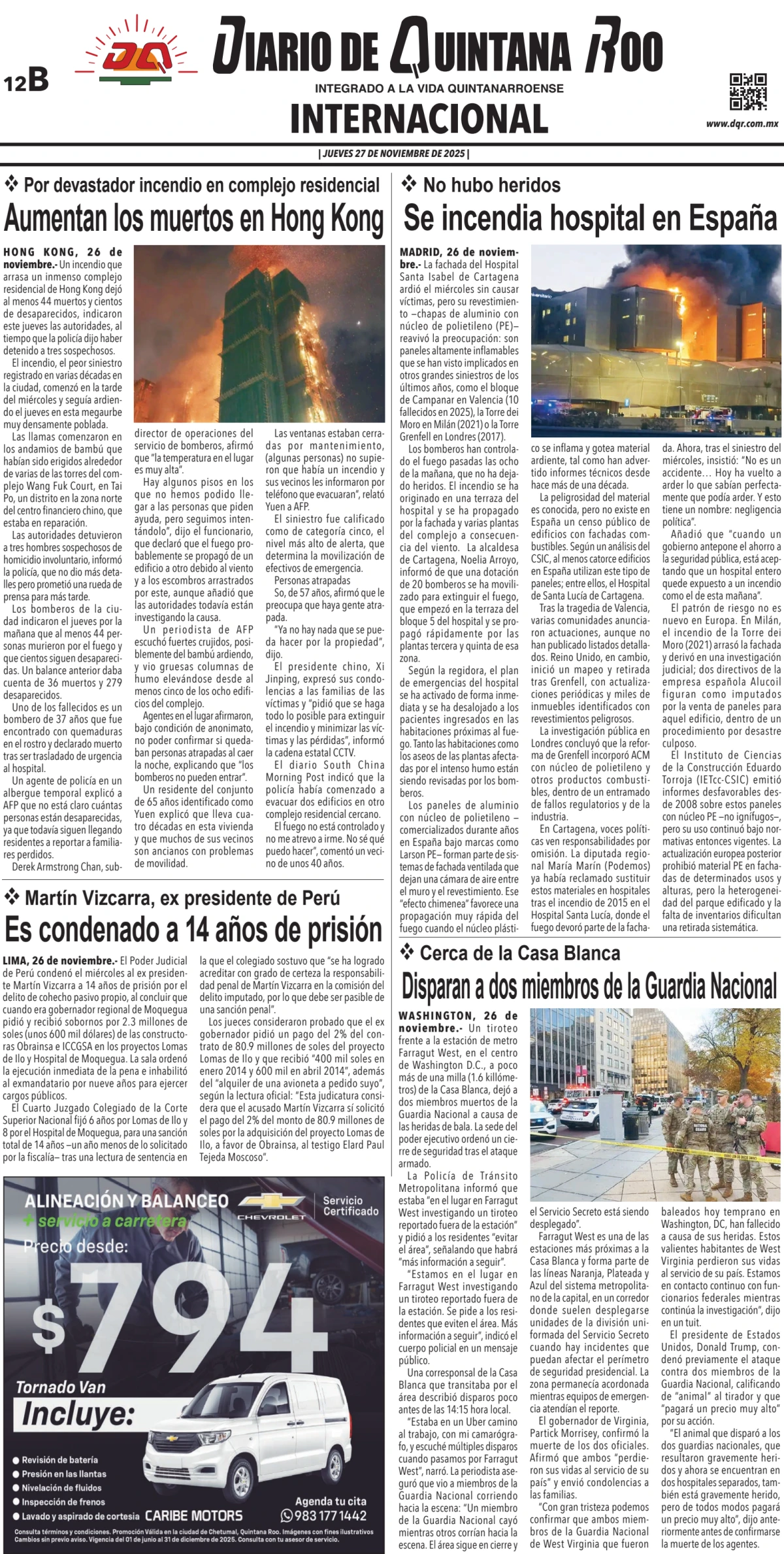 Portada de Diario de Quintana Roo (contra Portada) del jueves, 27 de noviembre de 2025
