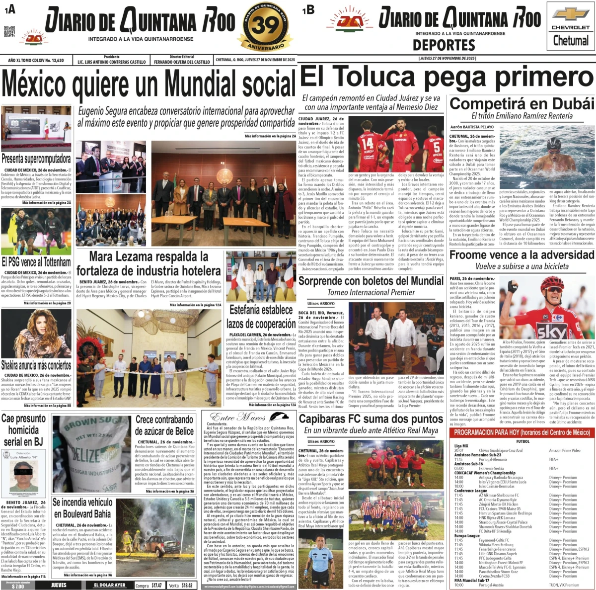 Portada de Diario de Quintana Roo (portada) del jueves, 27 de noviembre de 2025