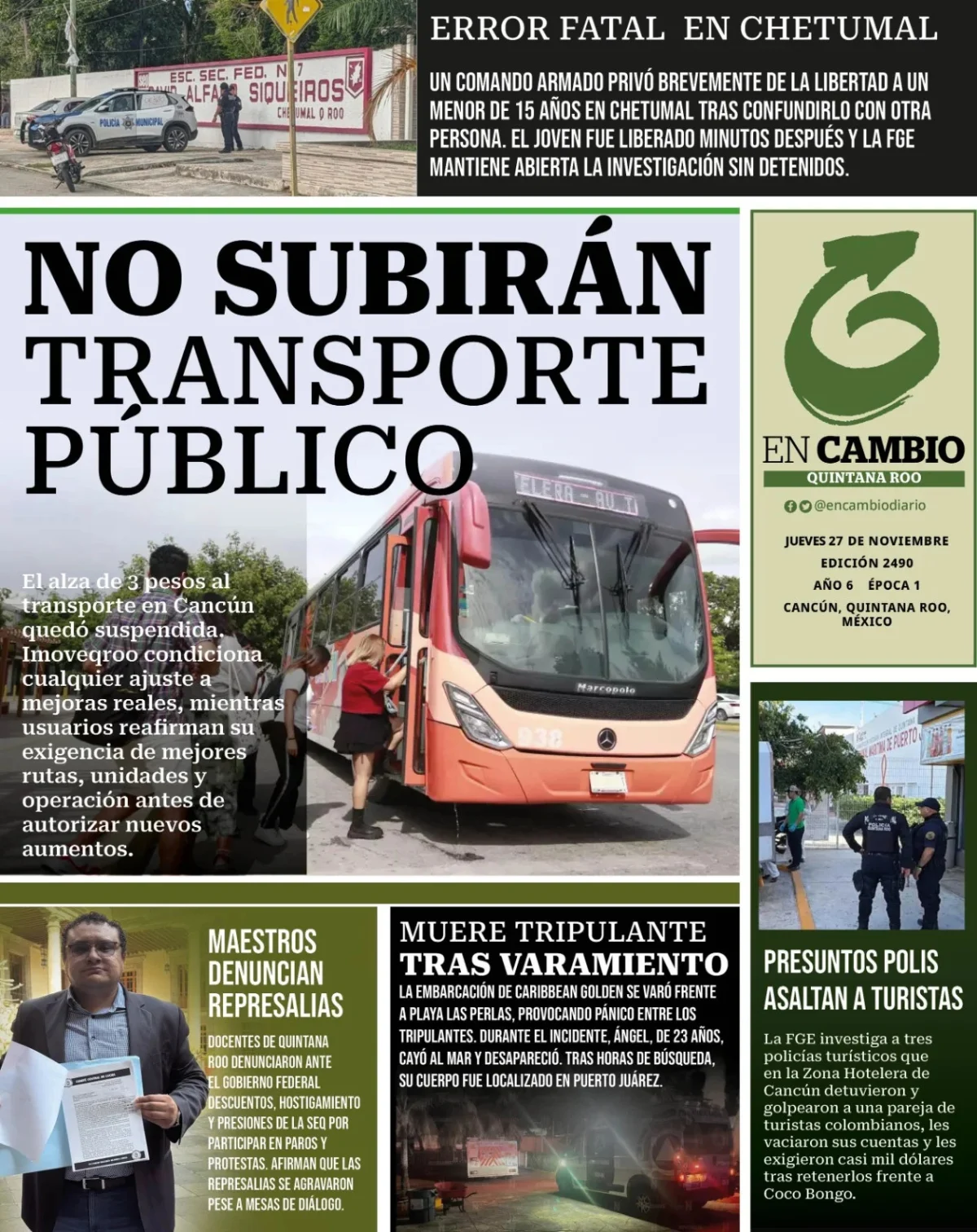 Portada de En Cambio - Quintana Roo (contraportada) del jueves, 27 de noviembre de 2025