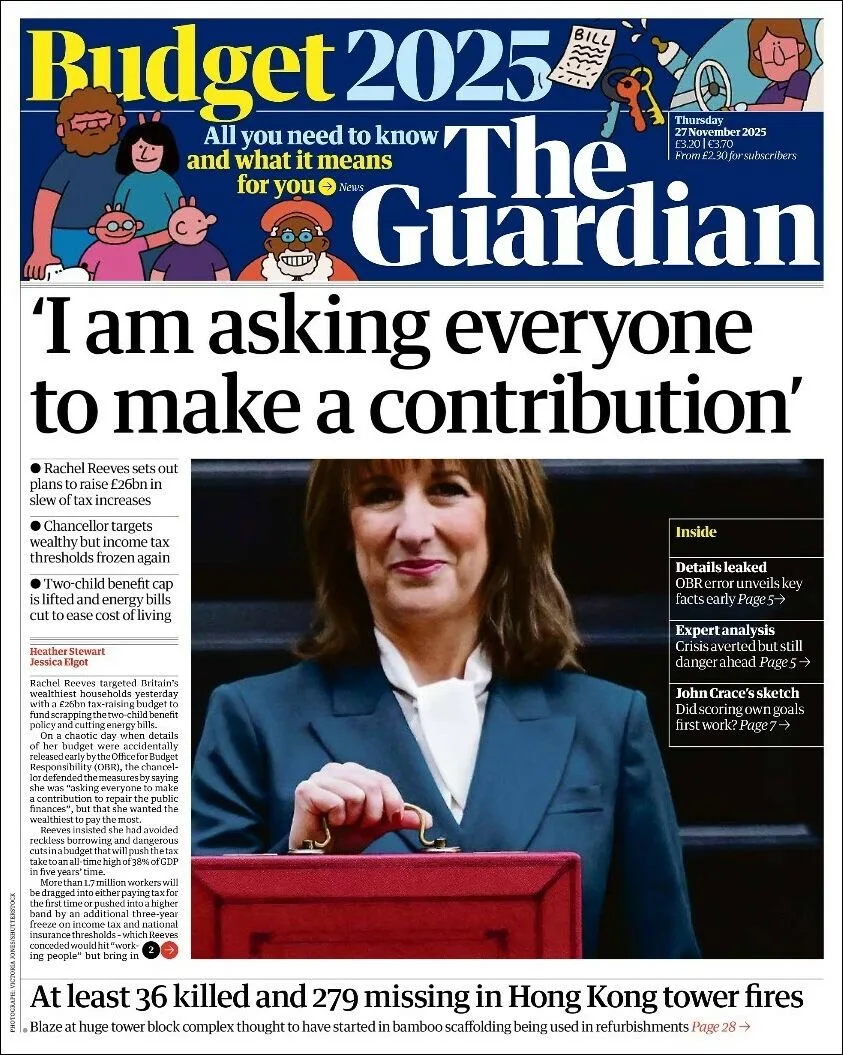 Portada de The Guardian (reino Unido) del jueves, 27 de noviembre de 2025