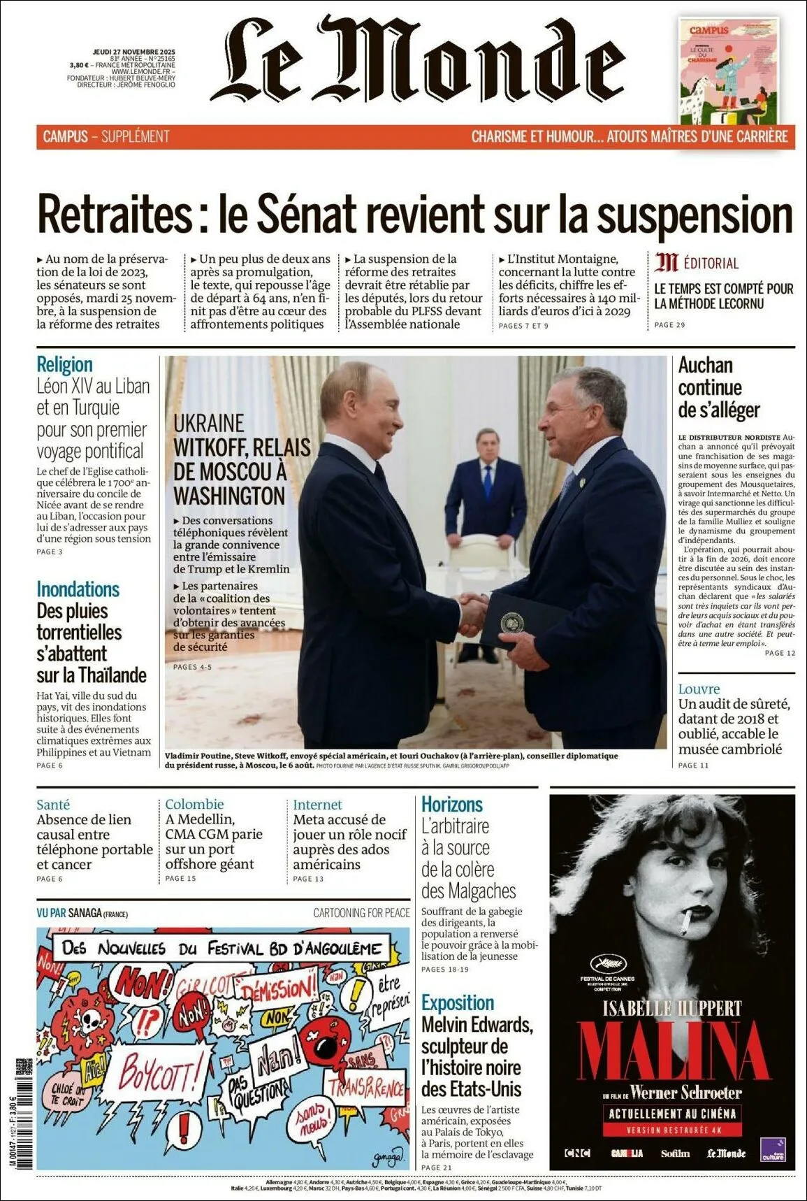 Portada de Le Monde del jueves, 27 de noviembre de 2025