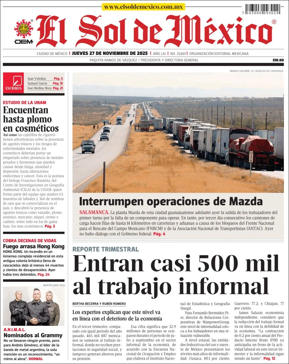 Portada de El Sol de Mexico del jueves, 27 de noviembre de 2025
