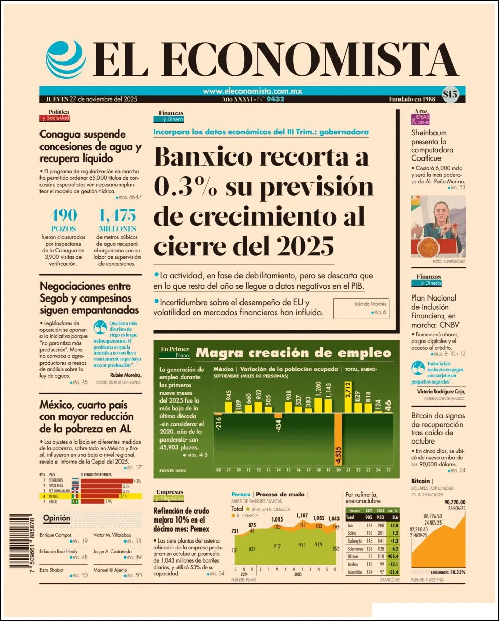 Portada de El Economista del jueves, 27 de noviembre de 2025