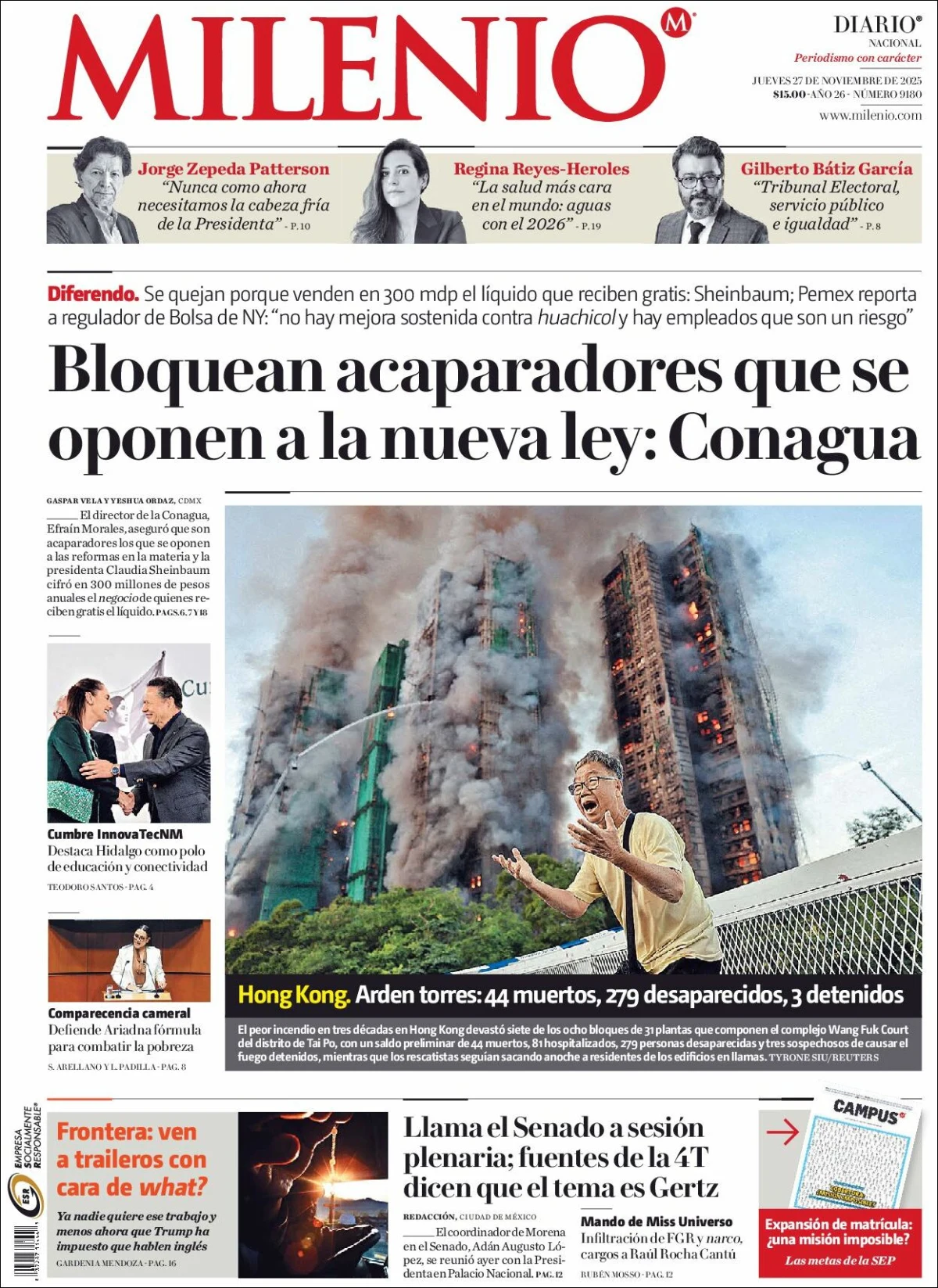 Portada de Milenio del jueves, 27 de noviembre de 2025