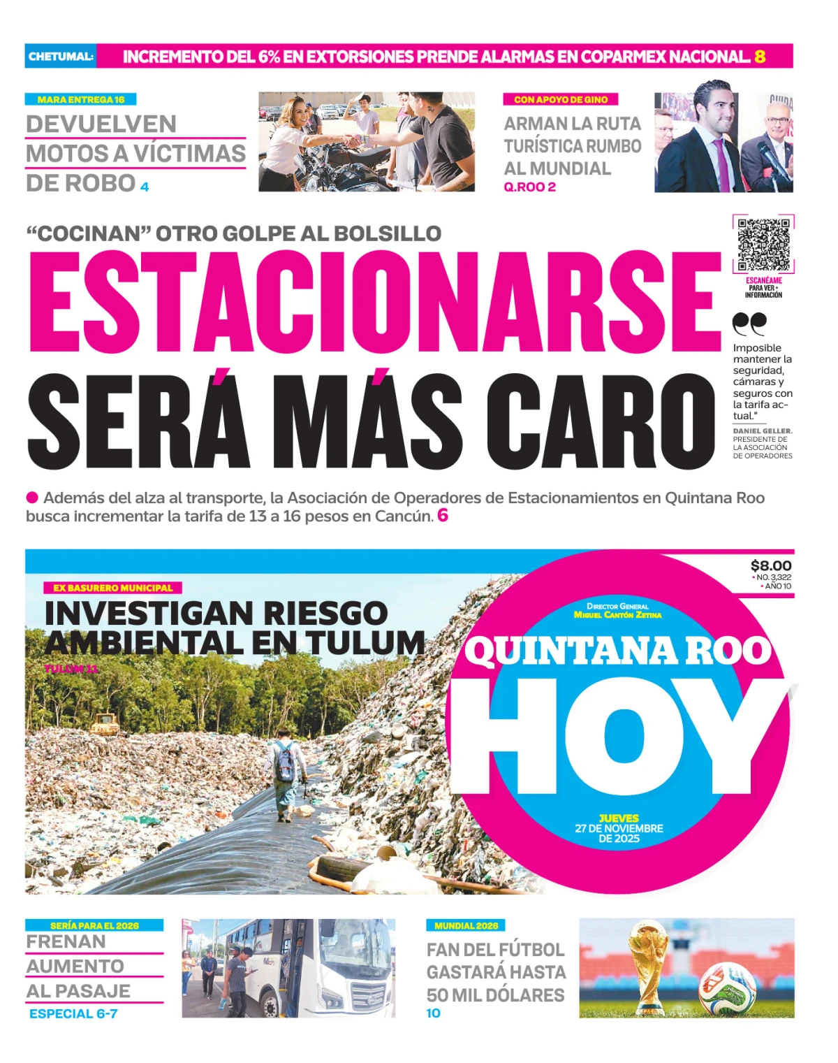 Portada de Quintana Roo Hoy (portada) del jueves, 27 de noviembre de 2025