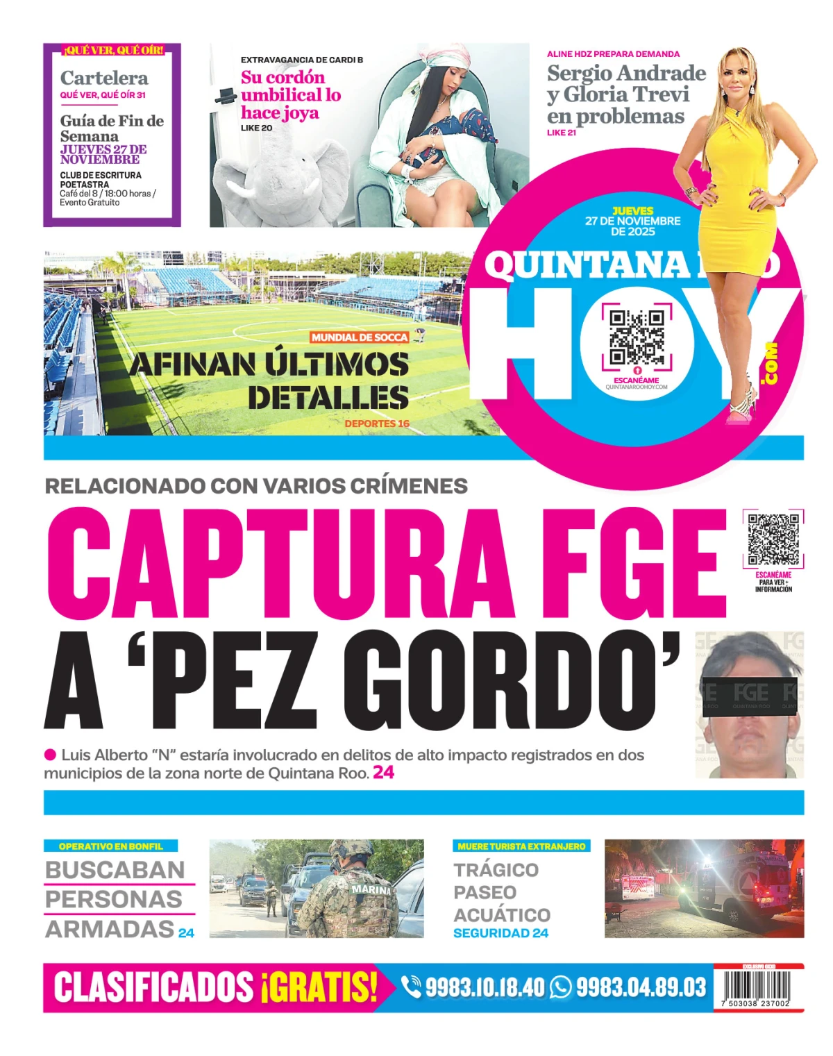 Portada de Quintana Roo Hoy (contraportada) del jueves, 27 de noviembre de 2025