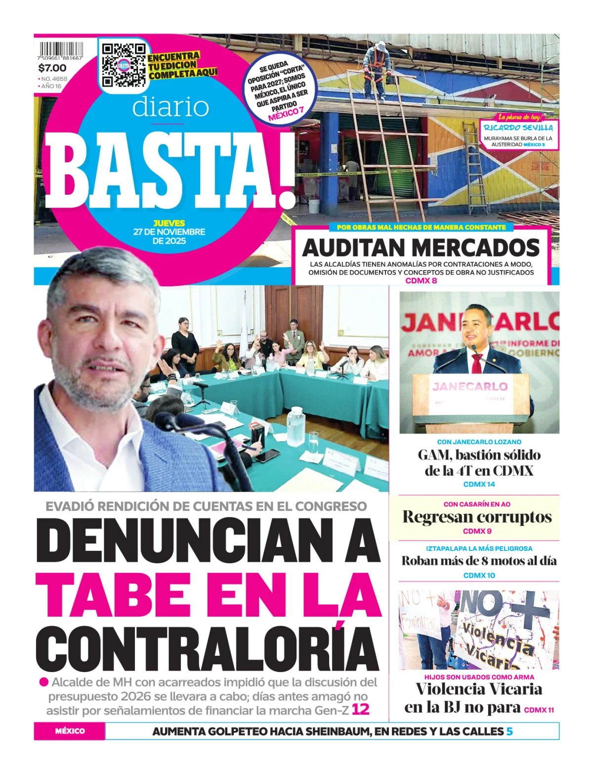 Portada de Basta! (portada) del jueves, 27 de noviembre de 2025