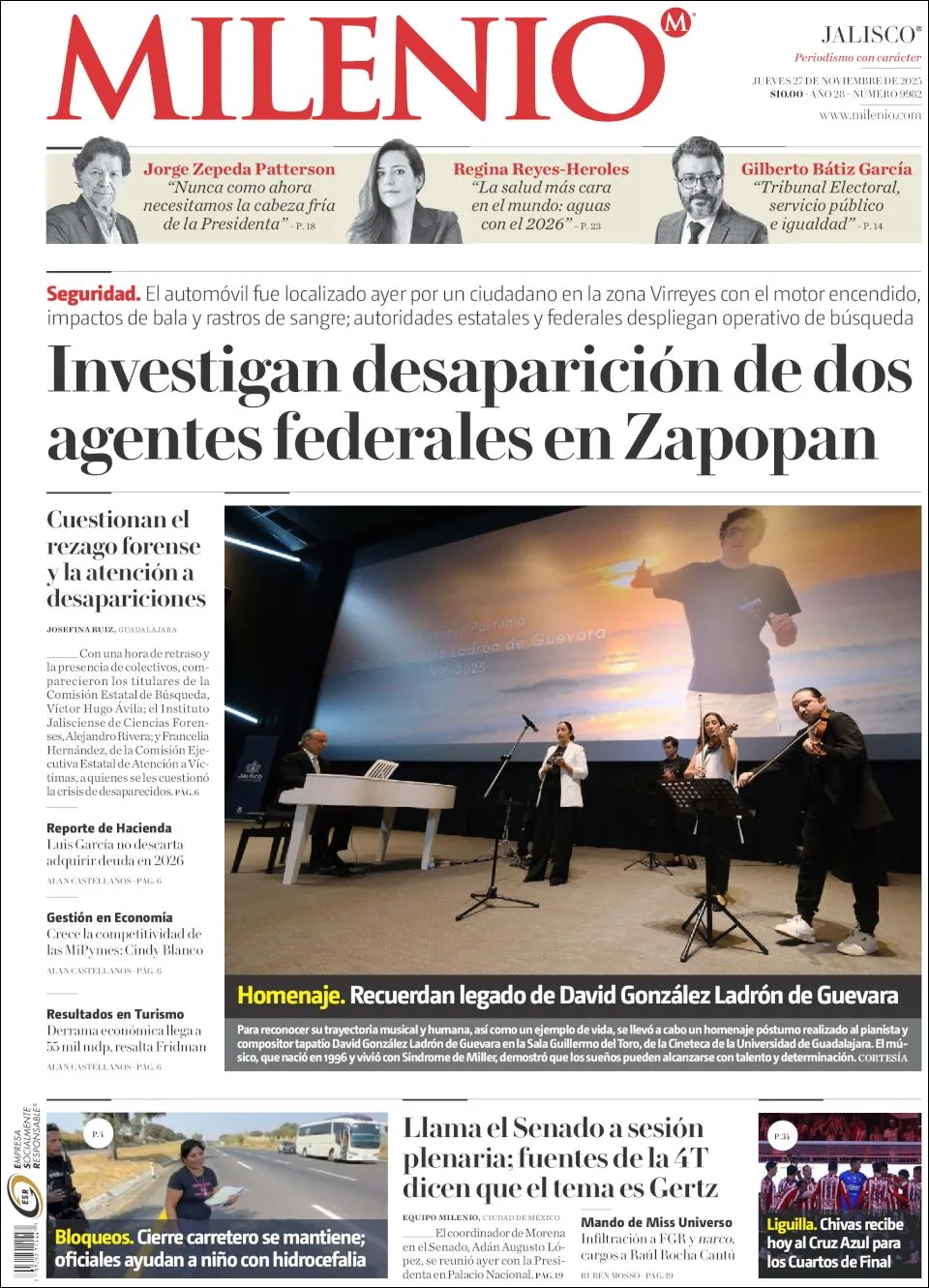 Portada de Milenio Jalisco del jueves, 27 de noviembre de 2025