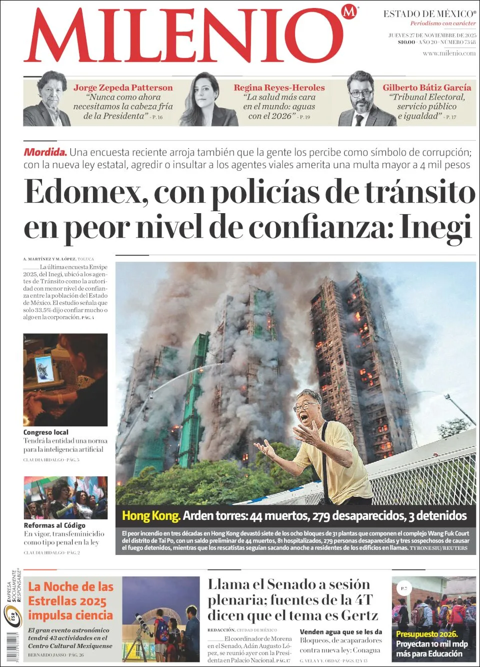 Portada de Milenio Edo de Mexico del jueves, 27 de noviembre de 2025