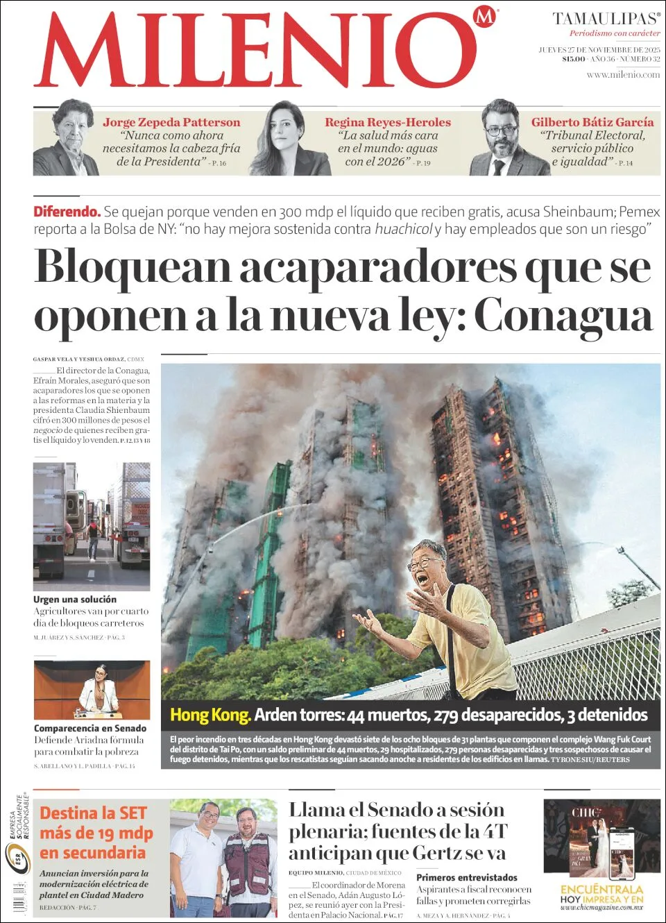 Portada de Milenio Tamaulipas del jueves, 27 de noviembre de 2025