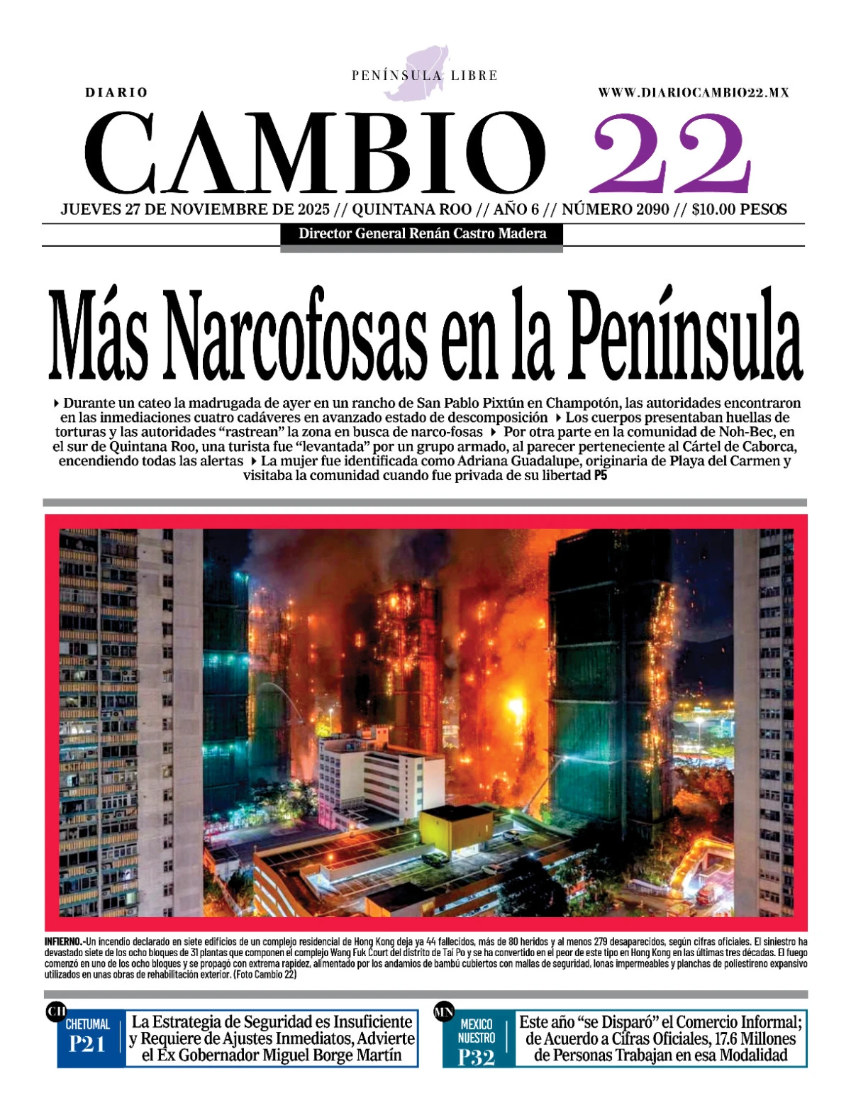 Portada de Diario Cambio 22 (contraportada) del jueves, 27 de noviembre de 2025