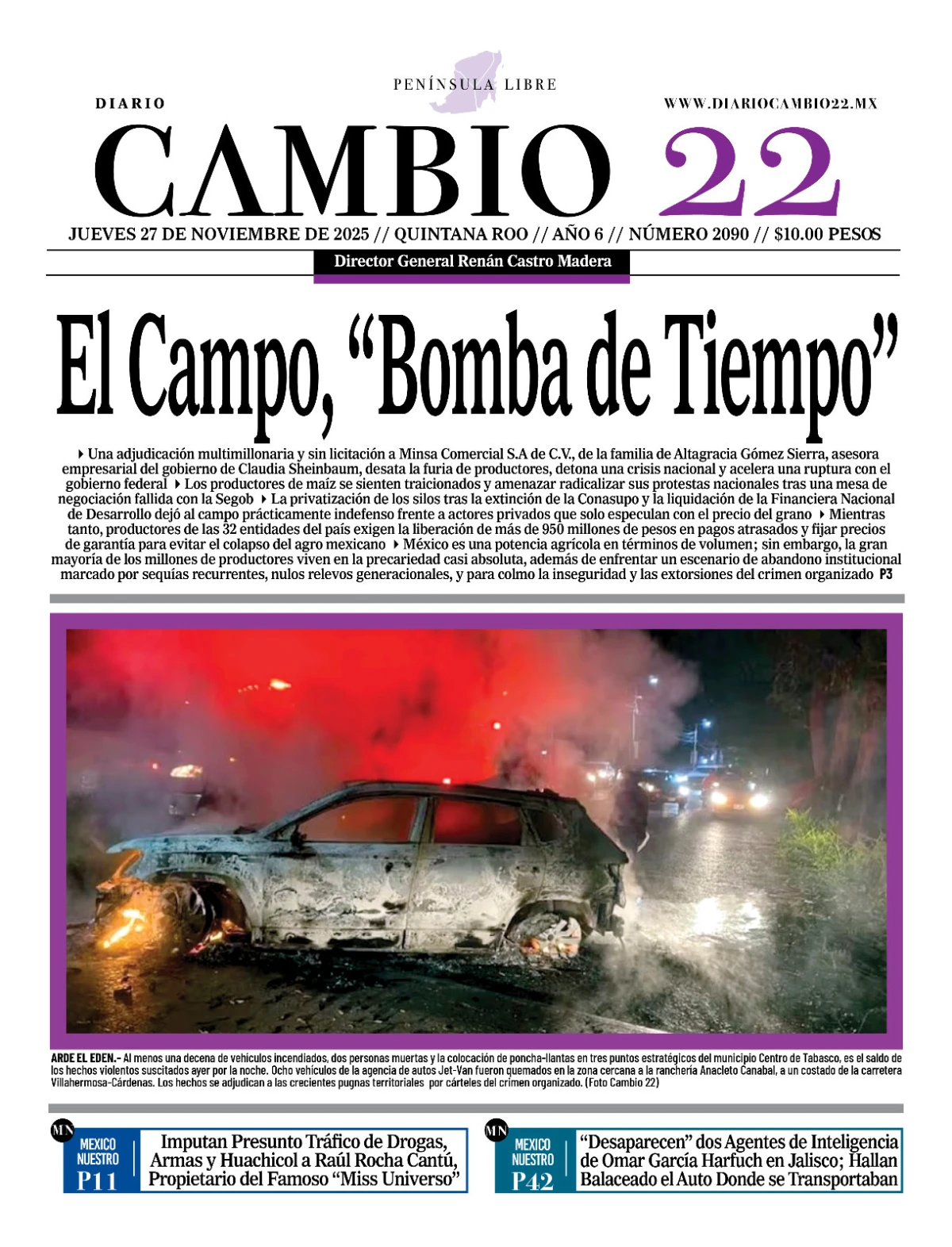 Portada de Diario Cambio 22 (portada) del jueves, 27 de noviembre de 2025